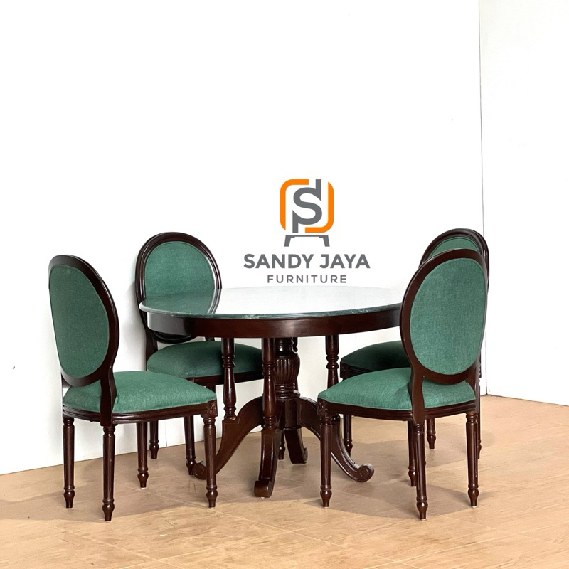 meja makan set marmer cream bulat 4 kursi bulat