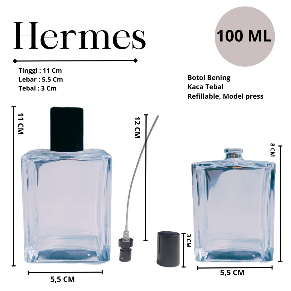Botol Kotak Hermest 100ml/Botol reffil kaca/Botol parfum MEWAH Termurah