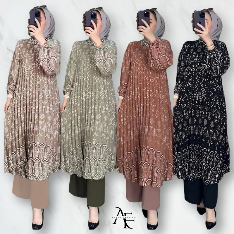 ONE SET NAILA TUNIK PLISKET - SETELAN LONG TUNIK PLISKET MOTIF NEW CELANA CRINKLE PREMIUM - ONE SET 