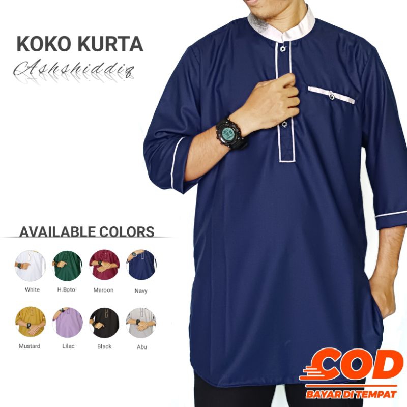 sale KOKO KURTA ASHSHIDDIQ - BAJU KOKO KURTA PRIA DEWASA LENGAN 3/4 WARNA MUSTARD PUTIH HIJAU BOTOL