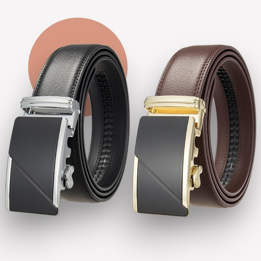 DOBEL JAHITAN Genuine Leather ikat pinggang pria kulit asli hitam cokelat model gesper rel