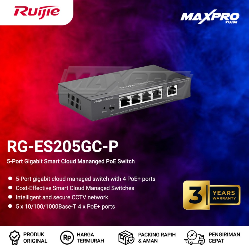 RG-ES205GC-P - RUIJIE REYEE 5 PORT GIGABIT SMART MANAGED POE