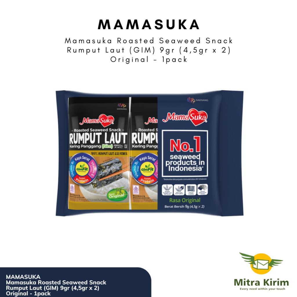 

Mamasuka Roasted Seaweed Snack Rumput Laut (GIM) 9gr (4,5gr x 2) Original - 1pack