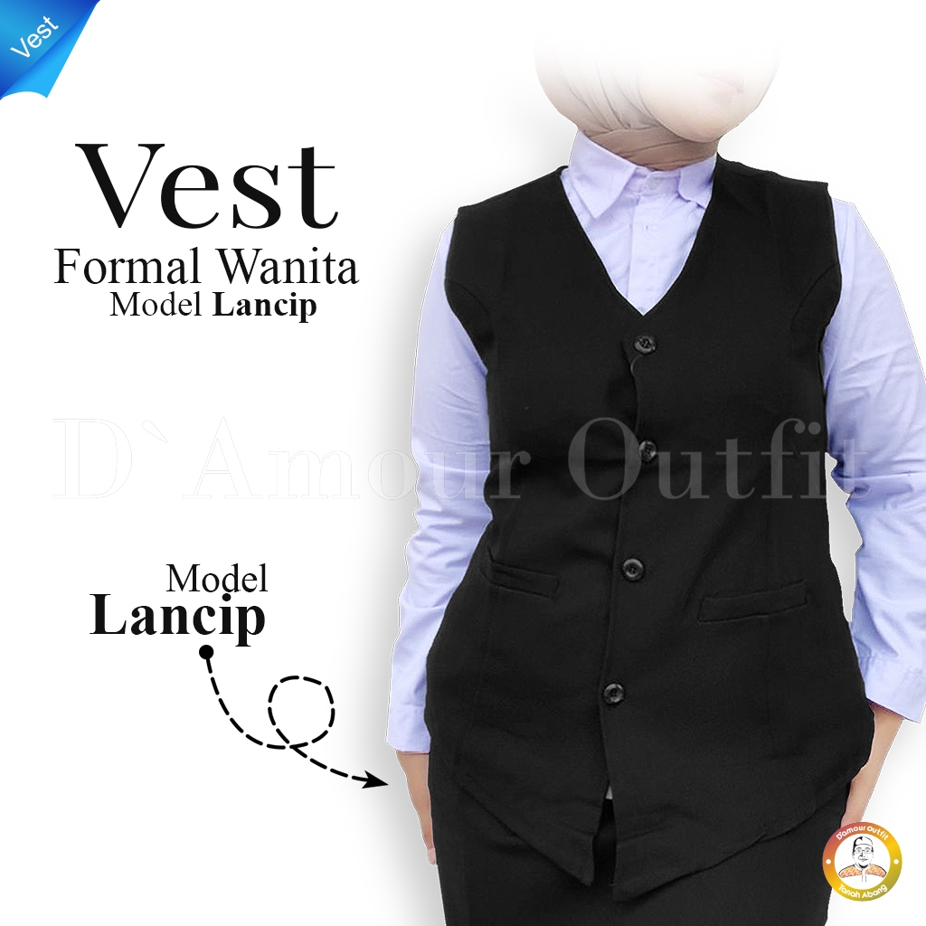 Damour Outfit | Vest Rompi Kerja Wanita Polos Hitam Abu Bahan Gabardine Grasella Model Lancip Depan 