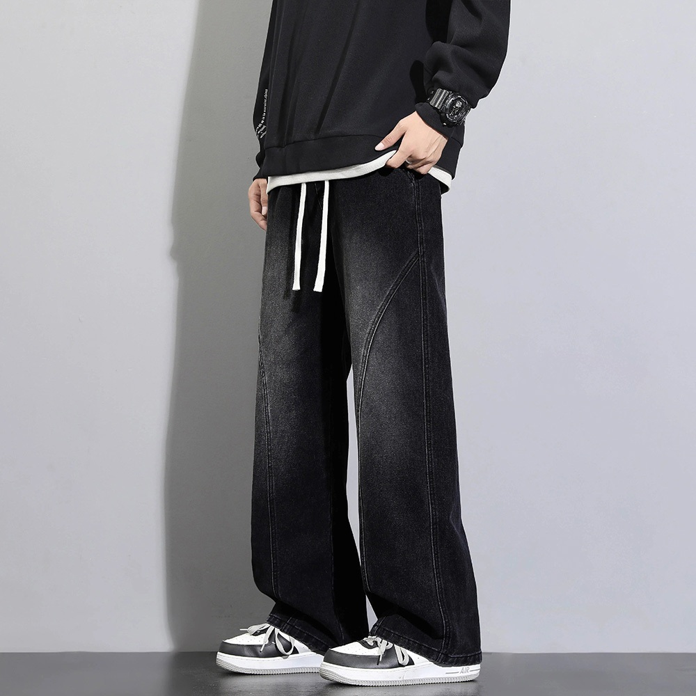 KeyBoy celana panjang pria jeans baggy straight cut casual loose pinggang karet denim pants korean s