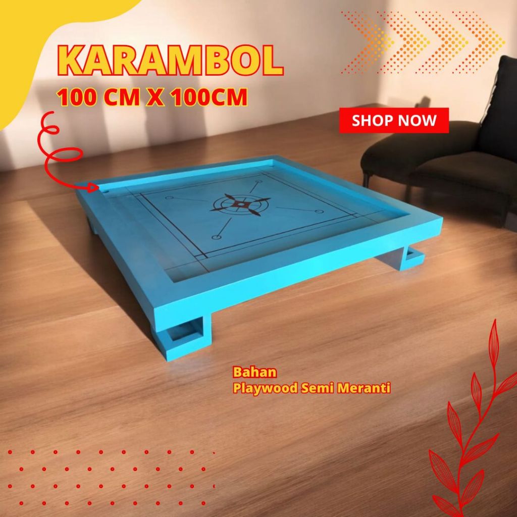 Papan Meja Karambol Kayu Playwood Meranti Lis Kayu Jati Ukuran 100cm x 100cm Warna Biru - PL80.2
