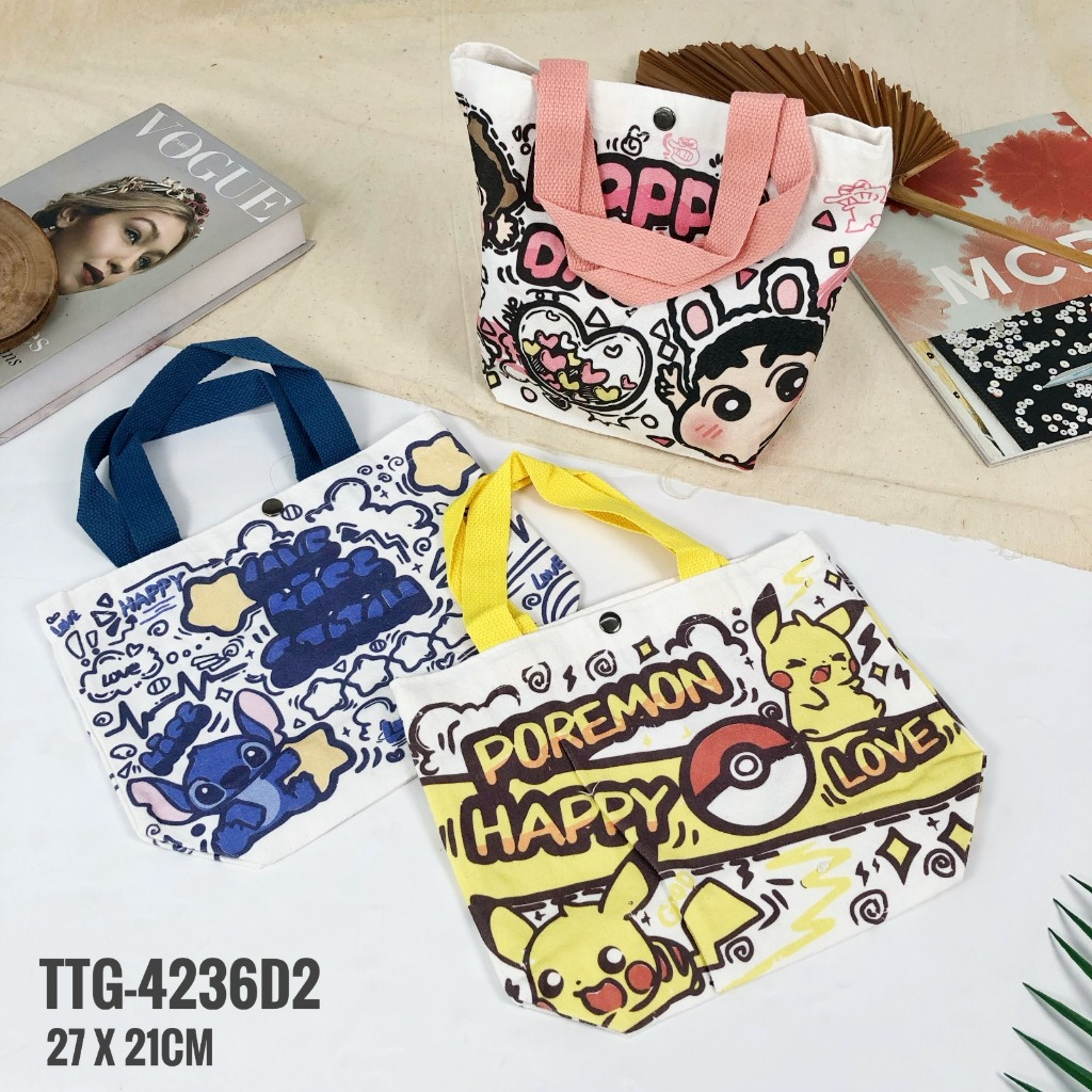 TAS TENTENG Tote bag Kanvas Cartoon Crayon Shinchan - Stitch - Pokemon  Tas Souvenir Birthday bag