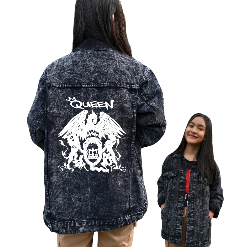 Jaket Jeans Boyfriend Wanita Band Musik - Sandwash Hitam QUEEN