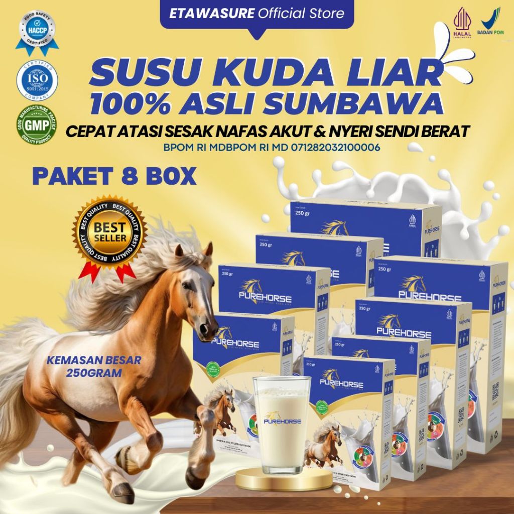 

Susu Kuda Pure Horse 100% Original dari Sumbawa Untuk Keluhan Sesak Nafas Akut dan Nyeri Sendi Berat Kemasan 250gram Paket 8 Box