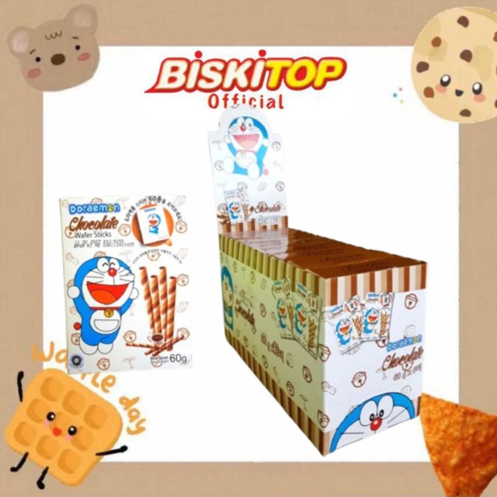 

BISKITOP OFFICIAL - DORAEMON 60g (1 PACK) Rasa Coklat Vanilla Biskuit Anak murah Lebaran Waffer Stick Roll Murah