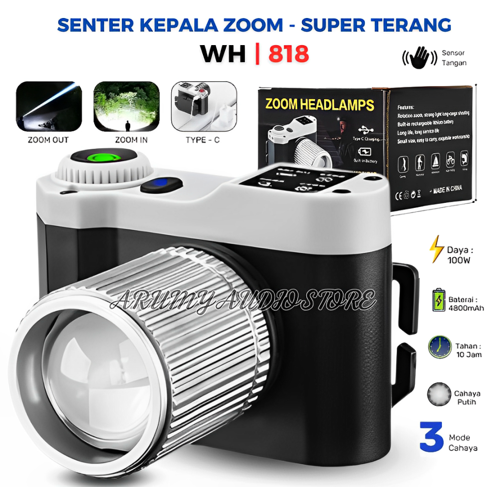Headlamp Led Super Terang | Senter Kepala Zoom 100w Wh-818 Cahaya Putih Super Terang Murah Bisa Cod 