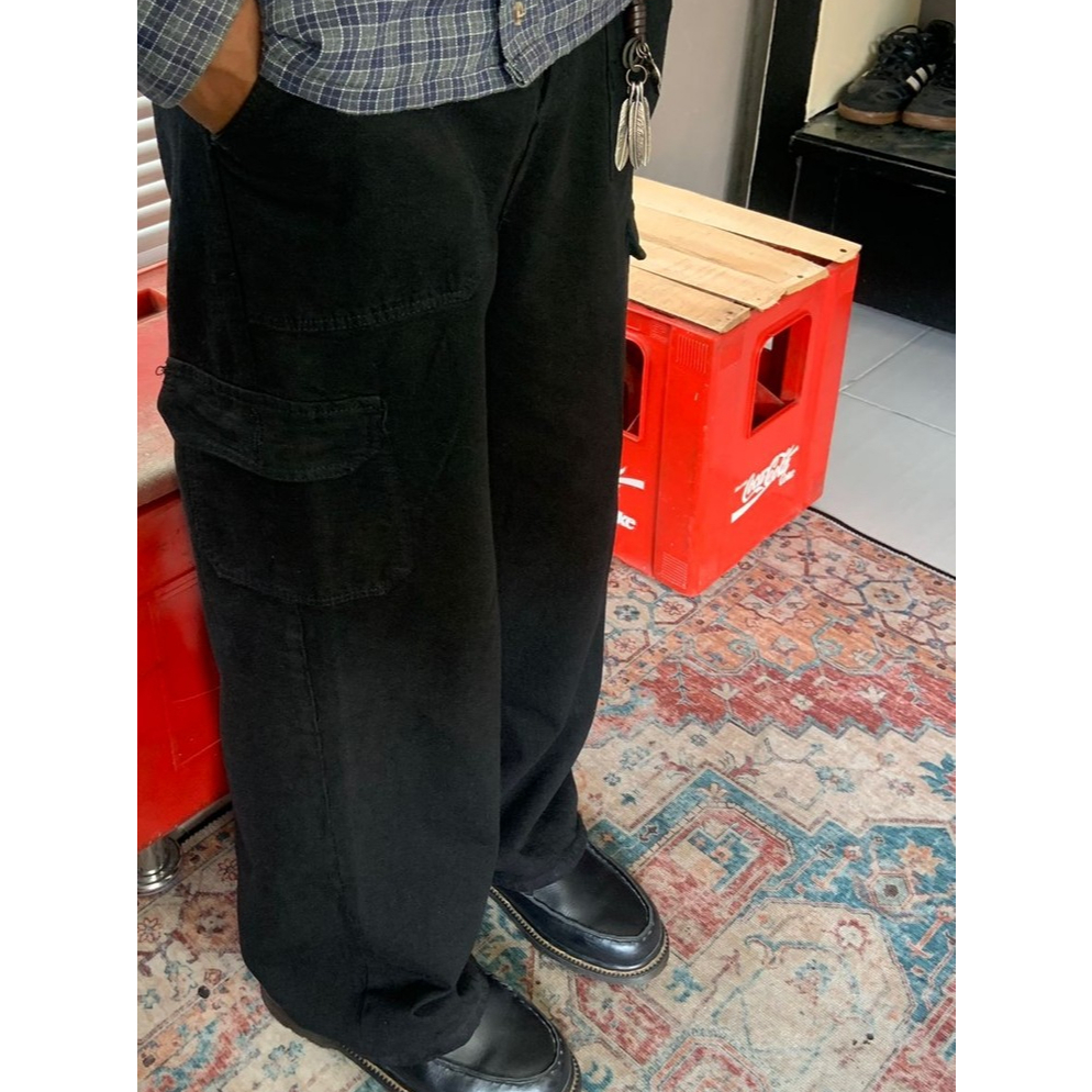 POI Unlam Cargo Pants - Cargo pants jeans hitam pekat gombrong loose fit korean style baggy street