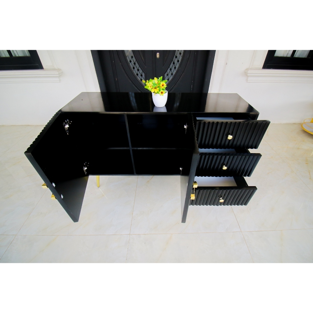 Meja TV Minimalis Modern Terbaru 120cm | Lemari Kayu Pinus Duco Putih 3 Rak Ruang Tamu Estetik