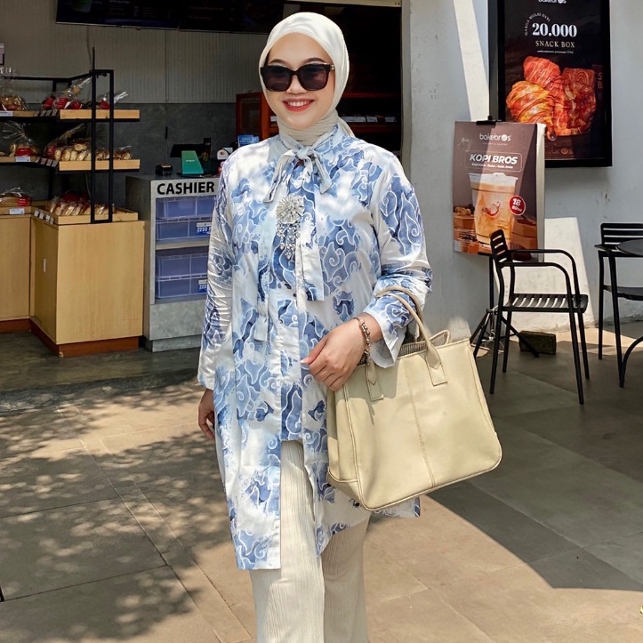 KODE I93J BATIK TRUSMI Set Couple Atasan Wanita Tunik Batik Motif Mega Mendung Bumi dan Kemeja Batik