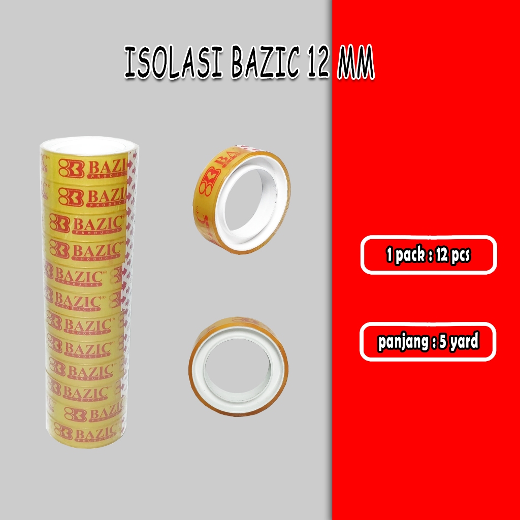 

isolasi bening bazic 12 mm / 5 yard / 1 pack / 12 roll