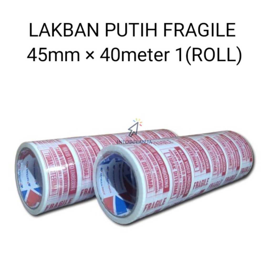 

Lakban Putih Printing Fragile Jangan di Banting dan video unboxing 45mm x 40 meter Full per Roll (isi 6 Pcs) Mitra Pack
