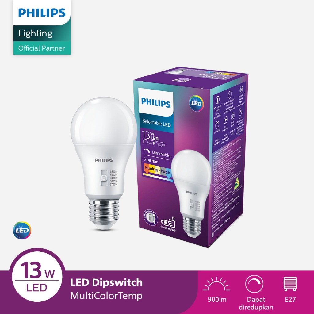Lampu Philips DipSwitch Bohlam LED 13W Lima Warna