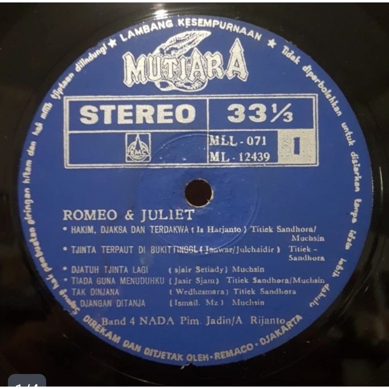 Vinyl Piringan Hitam 12 inch Band 4 Nada - Romeo & Juliet, Tersedu Sedu