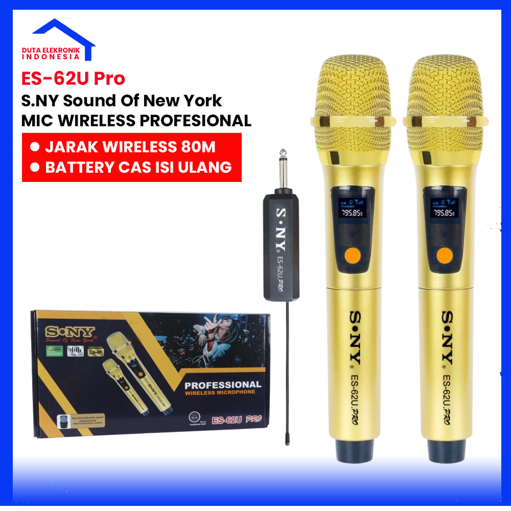 S.NY Sound Of New York Mic Bluetooth Karaoke ES-62U Pro Microphone Wireless Mikropon Tanpa Kabel