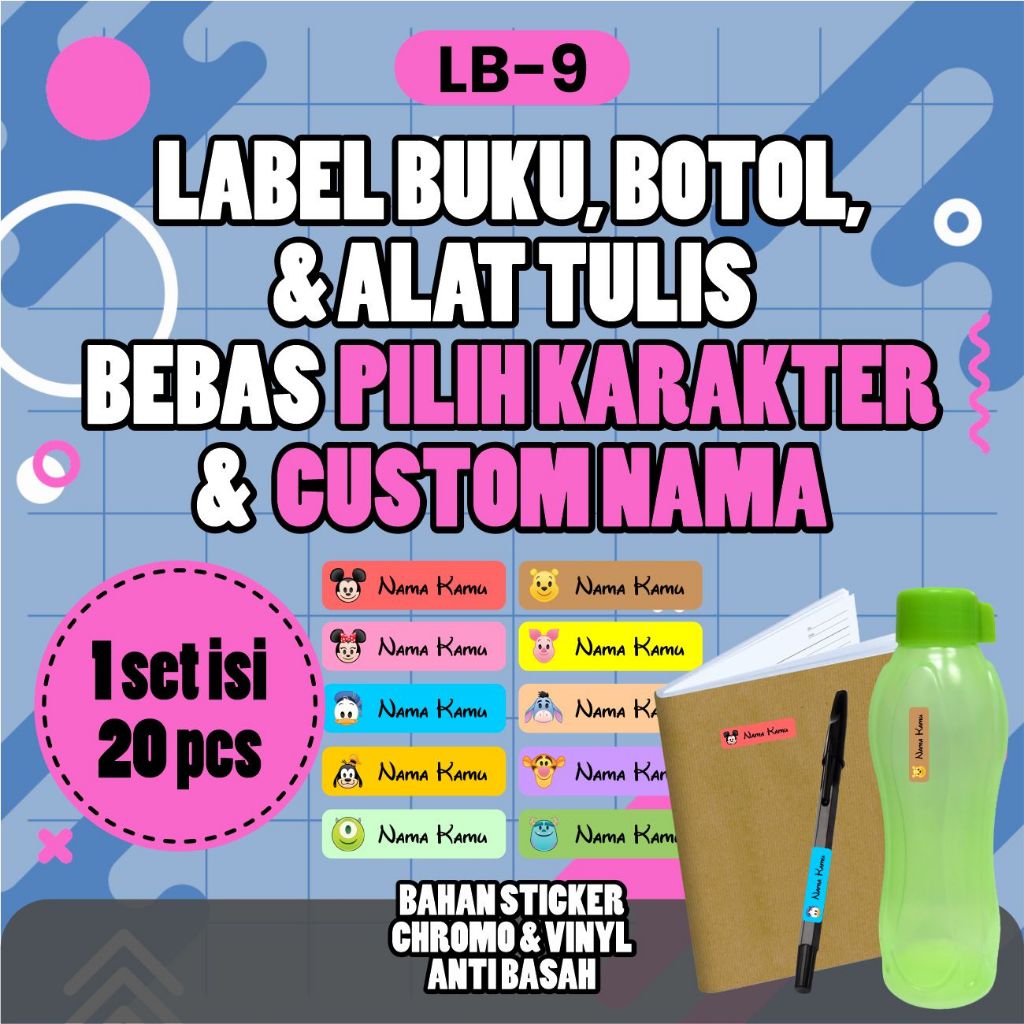 

LB9 Sticker Nama Label Sticker Anak Tema Karakter Stiker buku Isi 20pcs Gratis Custom Nama