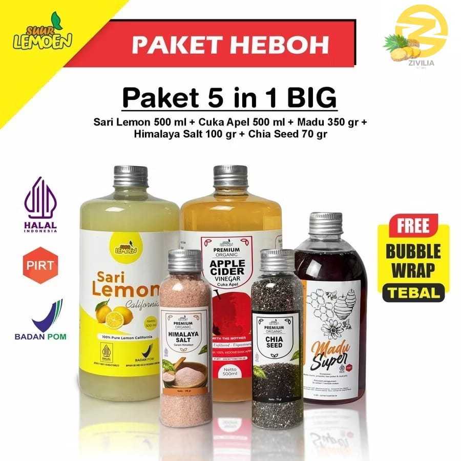 

Suur Lemoen Paket Diet Detox - Cuka Apel 500ml, Sari Lemon 500ml, Chia Seed 70gr, Madu Hutan 350gr, Garam Himalaya 100gr