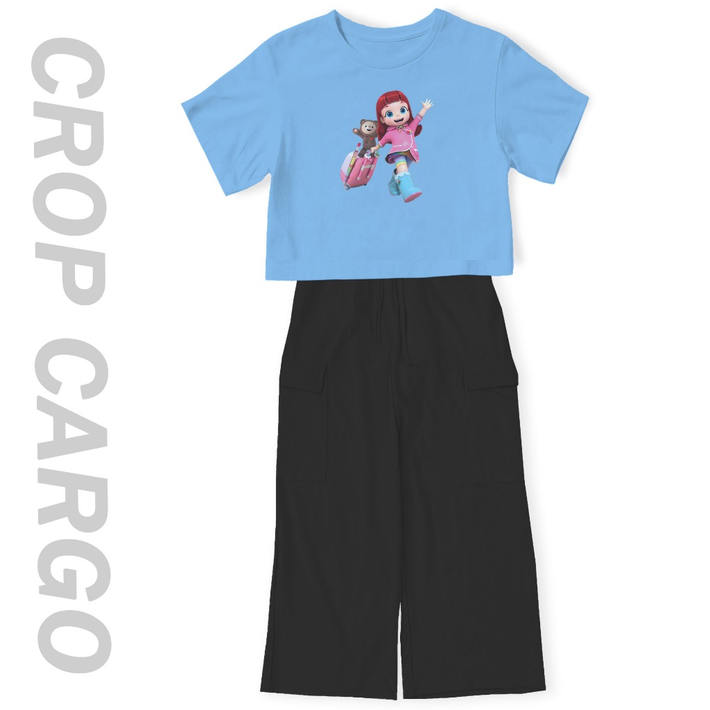 Setelan Crop Oversize Viral Rainbow Ruby Koper Celana Kargo Anak Perempuan Remaja 7-14Tahun