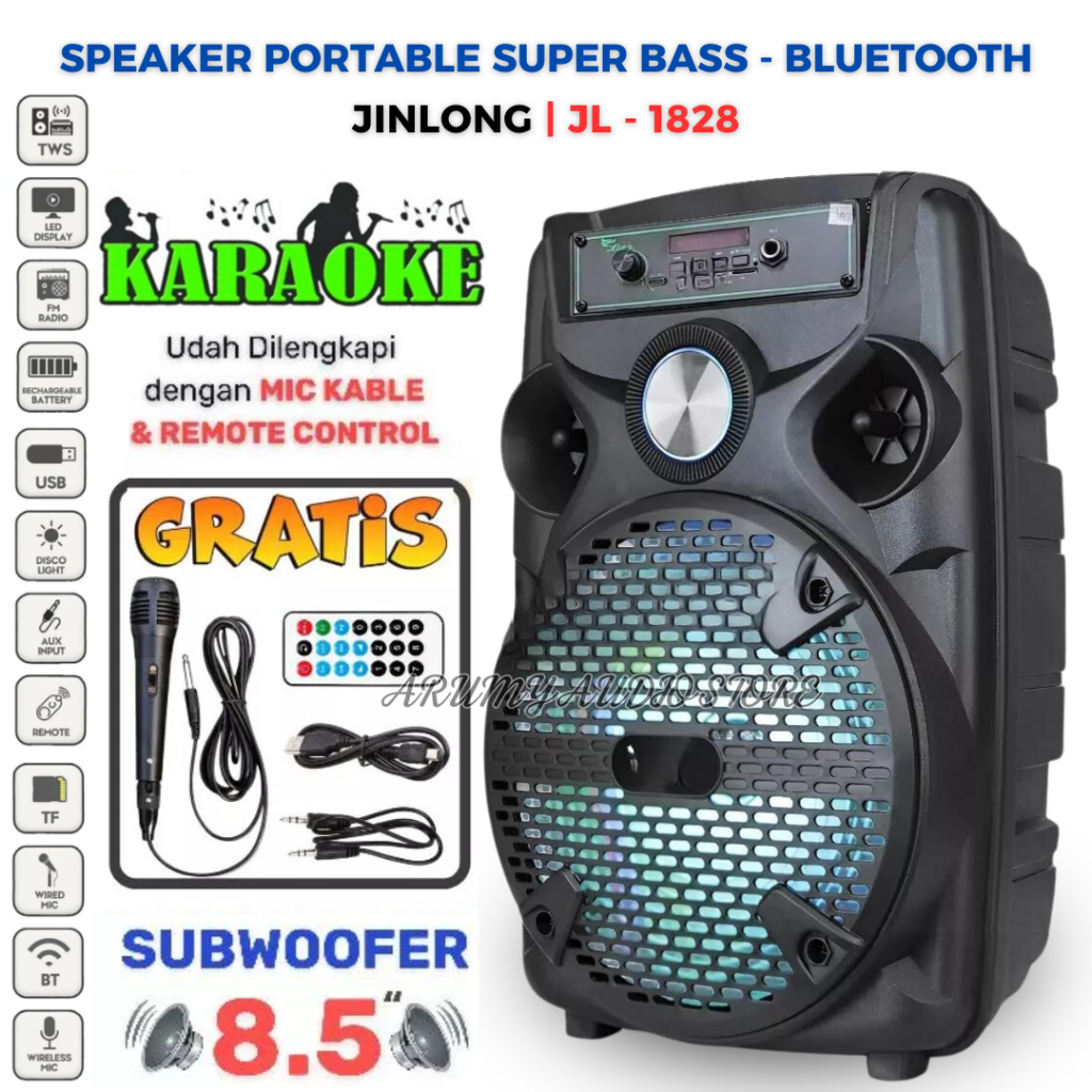 Speaker portable Bluetooth Jinlong JL-1828 LED 8'5 Inch [ Free 1Pcs Mic Kabel + Remote] | Speaker Ka