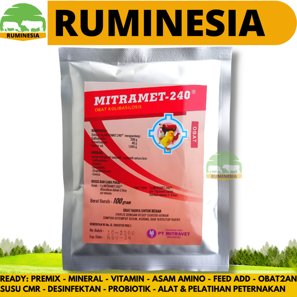 MITRAMET 100 GRAM - Obat Ayam Koli Snot Korisa Kolera Mencret Sapi Ayam & Babi Like Colibact Serbuk