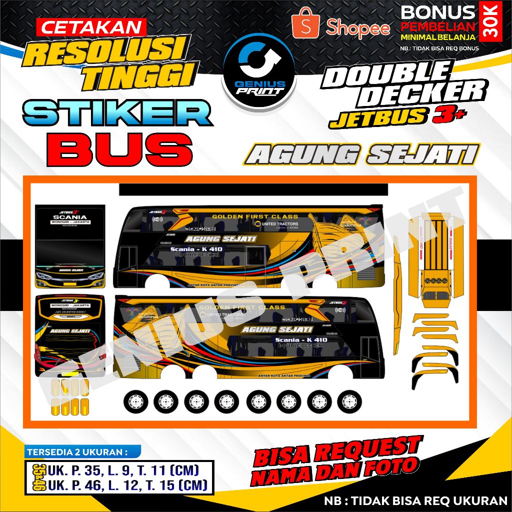 Stiker Mainan Miniatur Bus Double Decker Jetbus 3+ Juragan 99 | Kencana | Murni Jaya | Narendra | SJ