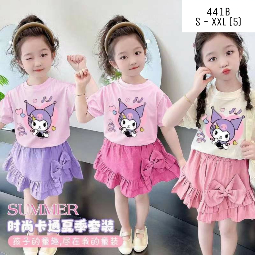 setelan rok kuromi anak import | kaos dengan rok katun | kepala kuromi ungu | usia 1 - 4 tahun