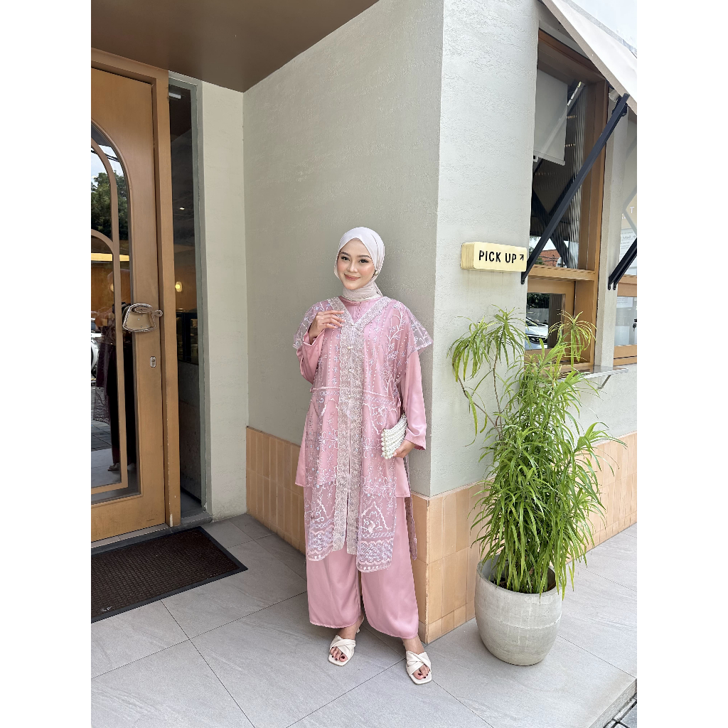 Balqis One Set Celana Atasan 3in1 Tali Samping Outer Inner Tile Brokat Saten Velvet Premium Baju Leb