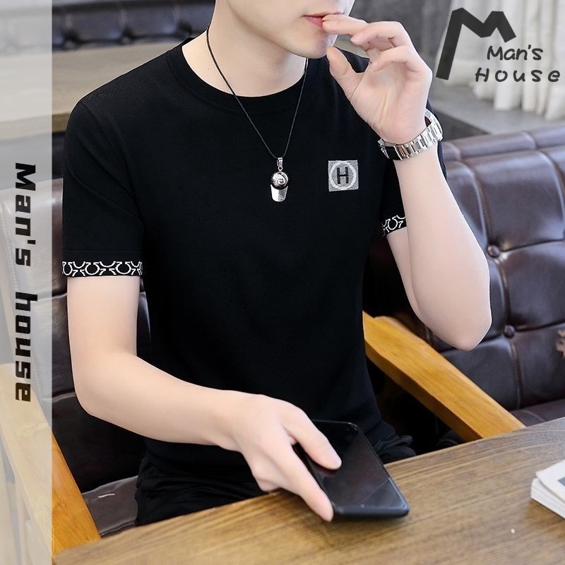 Kaus Pria Kelas Atas Lengan Pendek Rajutan Setengah Lengan Sutra Es Pria Leher Bulat Lengan Pendek