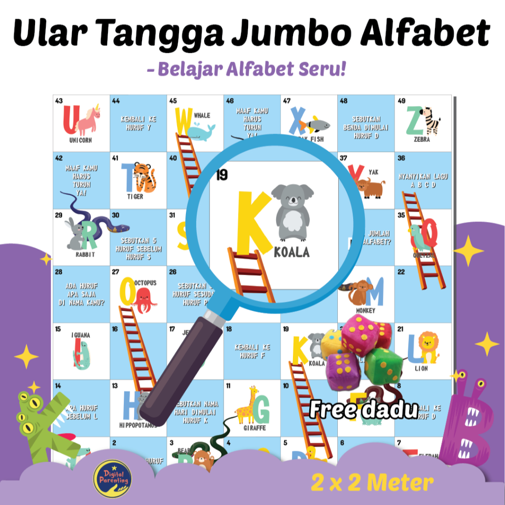 Ular Tangga Jumbo Alfabet 2x2 Meter Gratis 2 Dadu / Permainan Edukasi Anak Ular Tangga