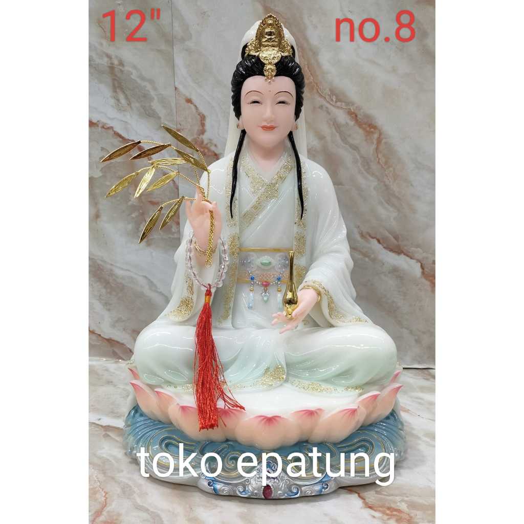 patung dewi kwan im / kwan in / kwan yin / guan yin - mamer - 12 inch - slendang - putih hijau - 8