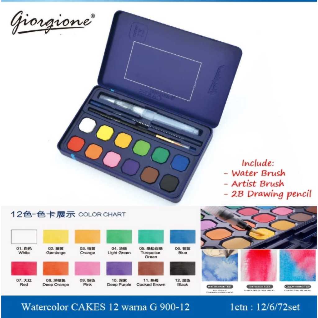 

water color cake giorgione kemasan 2024 kode G 900 ( dark blue tin) premium quality isi 12 / 24 / 36 / 48 warna cat air kemasan kaleng