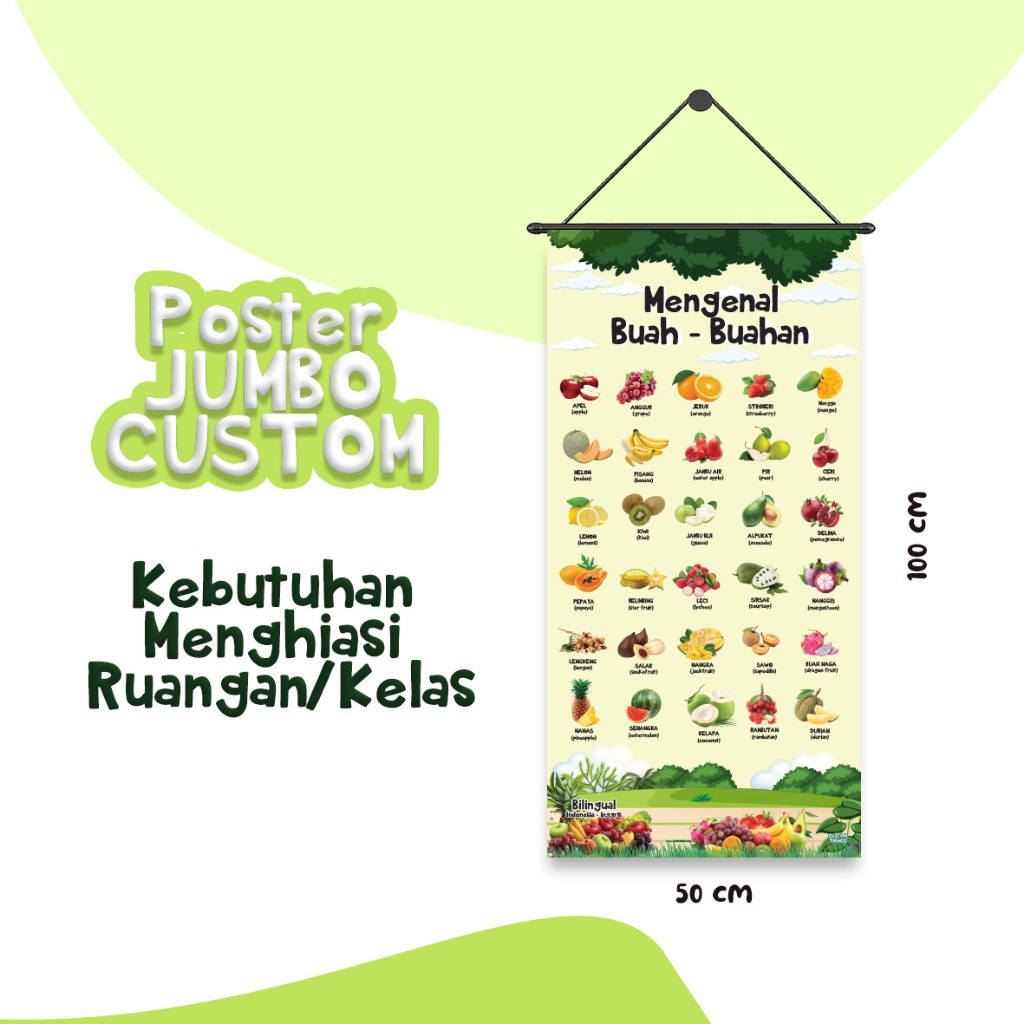 dp - Poster Edukasi Jumbo Mengenal Buah-Buah Custom Nama Sekolah & Lembaga ukuran 100 cm x 50 cm