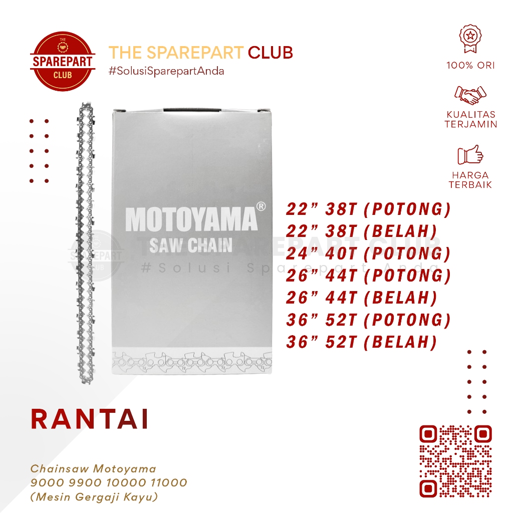 Rantai Chainsaw 22 24 26 inch. 38 40 44 Mata Potong Belah Chainsaw Senso Motoyama 9000 9900 10000 11
