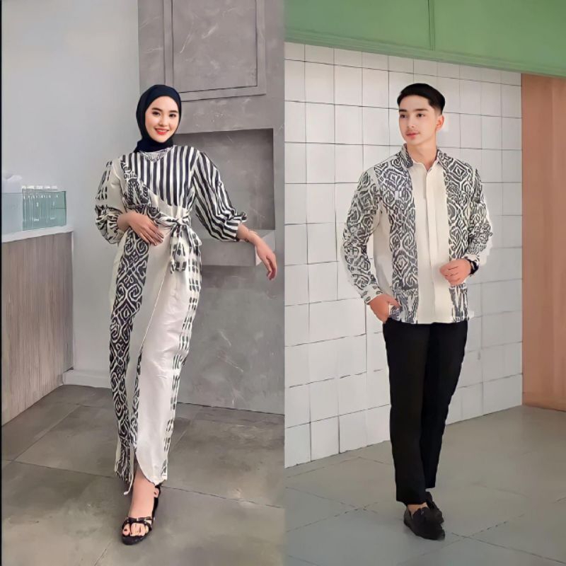 MARLINE POENY WHITE KEMEJA DAN DRES  COUPLE BAJU KONDANGAN TENUN  Pasangan Wanita Panjang Setelan De