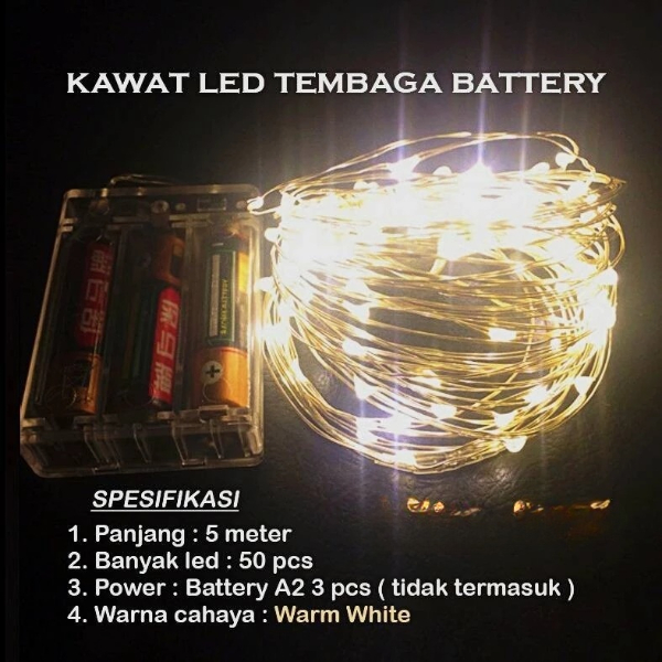 Lampu Pohon Natal 50 LED Kelap Kelip Warm White Panjang 5 Meter Baterai