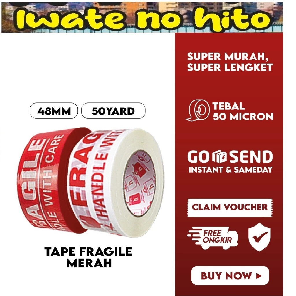 

(IWATE i 2M) HORICI LAKBAN FRAGILE MERAH PUTIH 48MM x 50Y ISOLASI JANGAN DIBANTING MUDAH PECAH BELAH iwate no hito iwatenohito