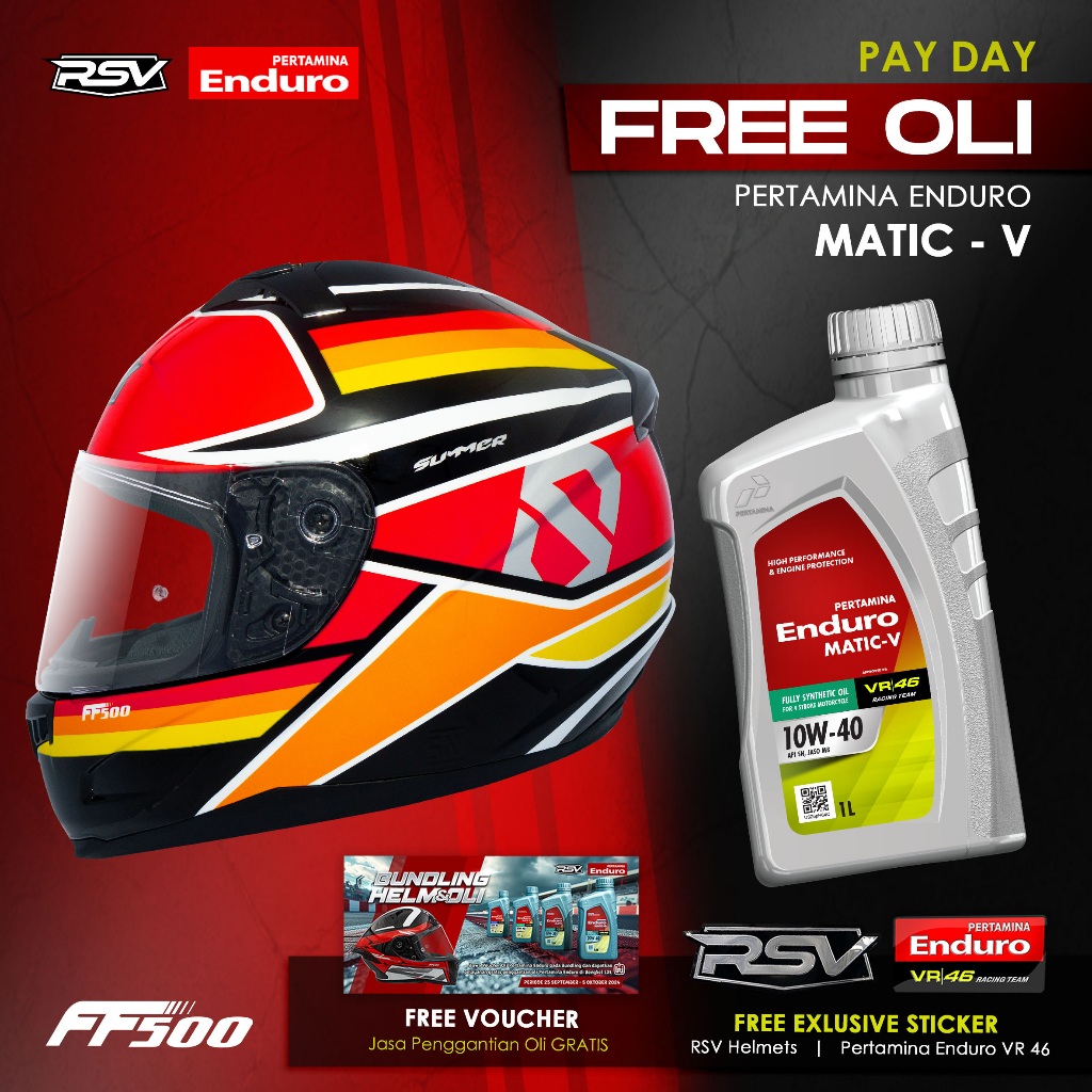 HELM RSV FF500 SOLID / MOTIF + GRATIS OLI PERTAMINA ENDURO MATIC V + FREE 2 STICKER + FREE VOUCHER J
