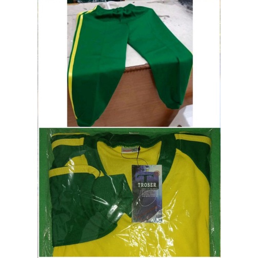 KODE M7L Celana dan Baju Training Olah Raga Hijau List Kuning Panjang I TROSER