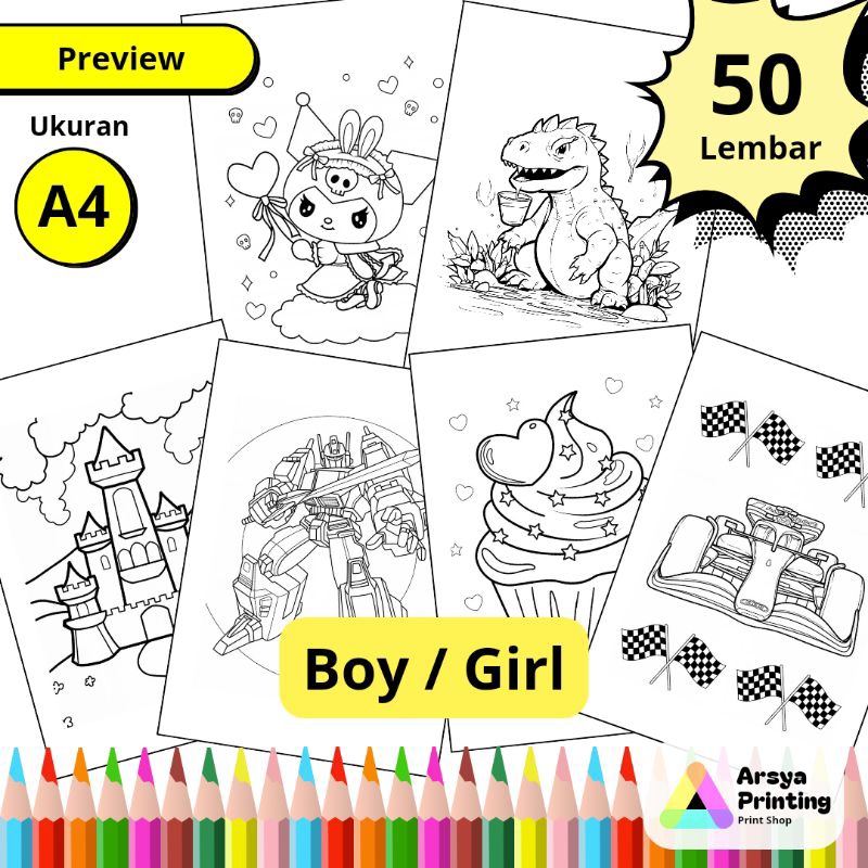 

50 Lembar Kertas Mewarnai Anak Lucu Tema Boy / Girl / Laki-laki/ Perempuan Ukuran A4