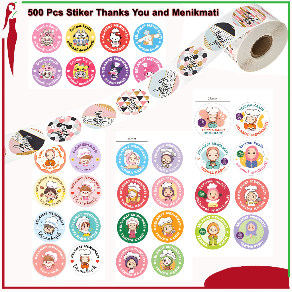 

500 Pcs Sticker Terima Kasih Selamat Menikmati Stiker Bulat Roll Makanan Kue Catering ST001