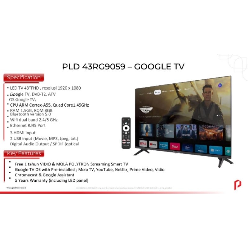 Polytron Led Google Tv 43" PLD 43RG9059 43" update type  43AG9953/ new 2024 ( Khusus Sidoarjo Suraba