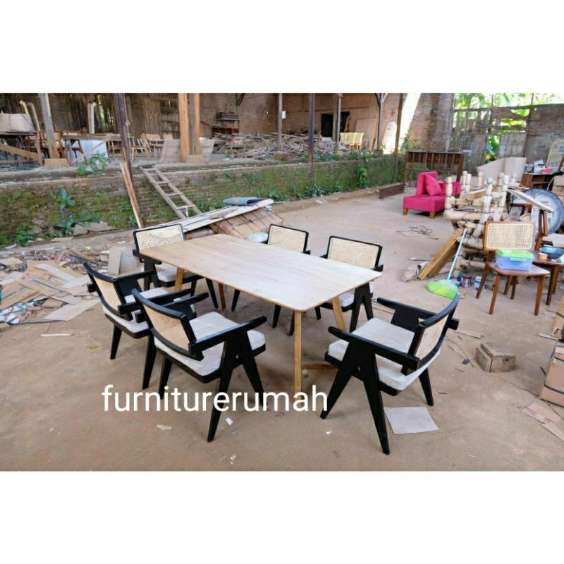 set meja makan 6 kursi jati rotan scandinavian minimalis, meja makan 6 kursi scandinavian jati minim