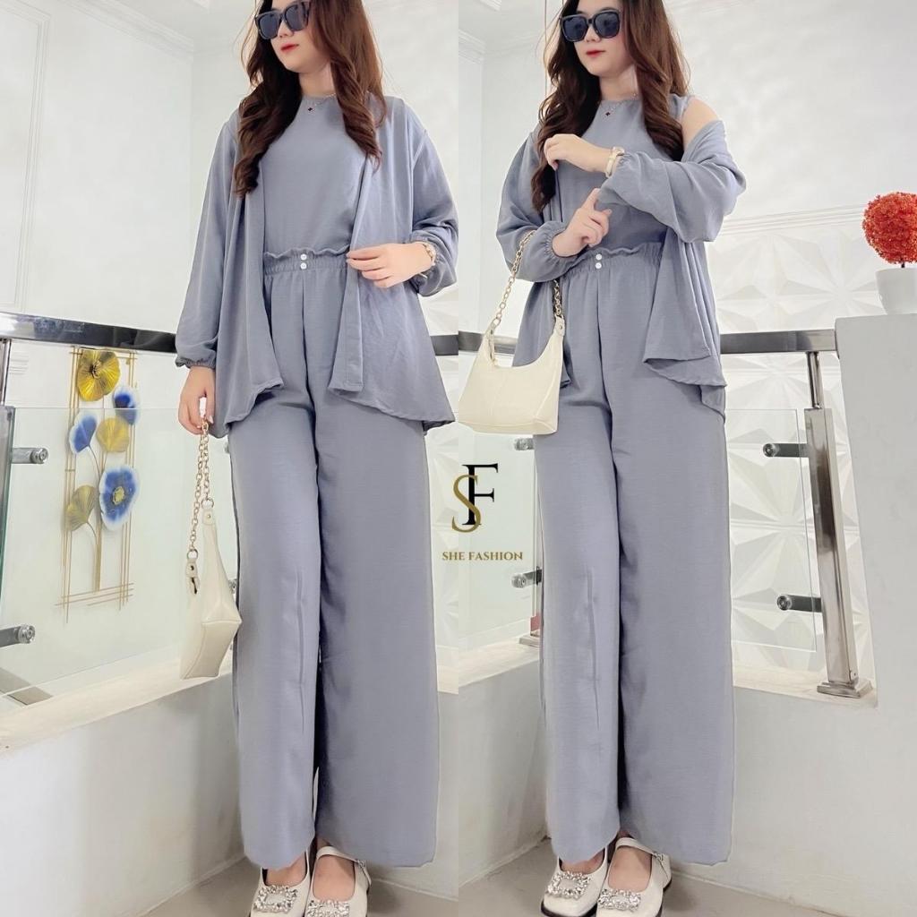 Naomi Set 3 in 1 Set Outher Cardigan Lengan Karet Panjang With Inner Celana Panjang Kulot Hijab Vari