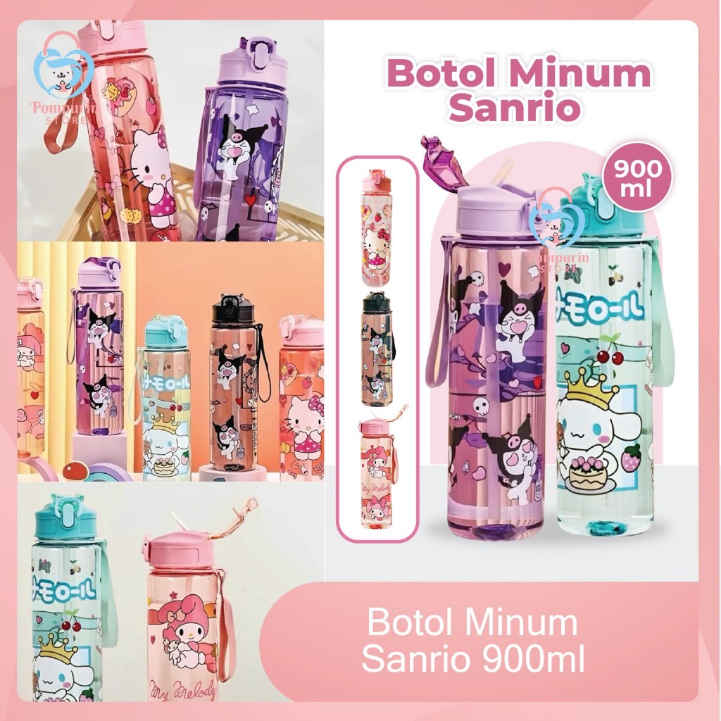 Botol Minum SANRIO 900ml - Botol Air Minum Anak Lucu (Free Sedotan) / Botol Minum Transparan Karakte
