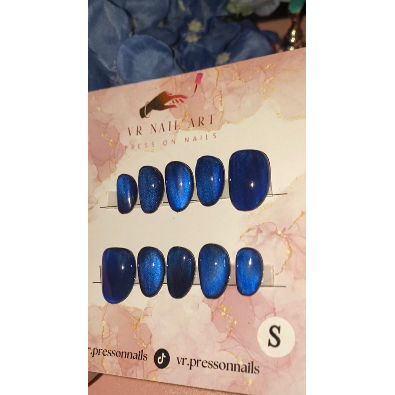 cat eye biru / cat eye dalam / fake nails hand made / press on nails premium / kuku palsu nail art /
