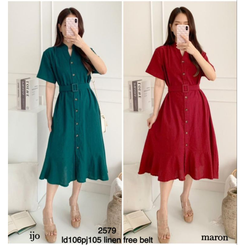 my 2579 dress wanita linen free belt merah hijau